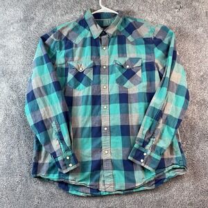 American Eagle Shirt Mens XL Vintage Fit Blue Plaid Pearl Snap Retro Western